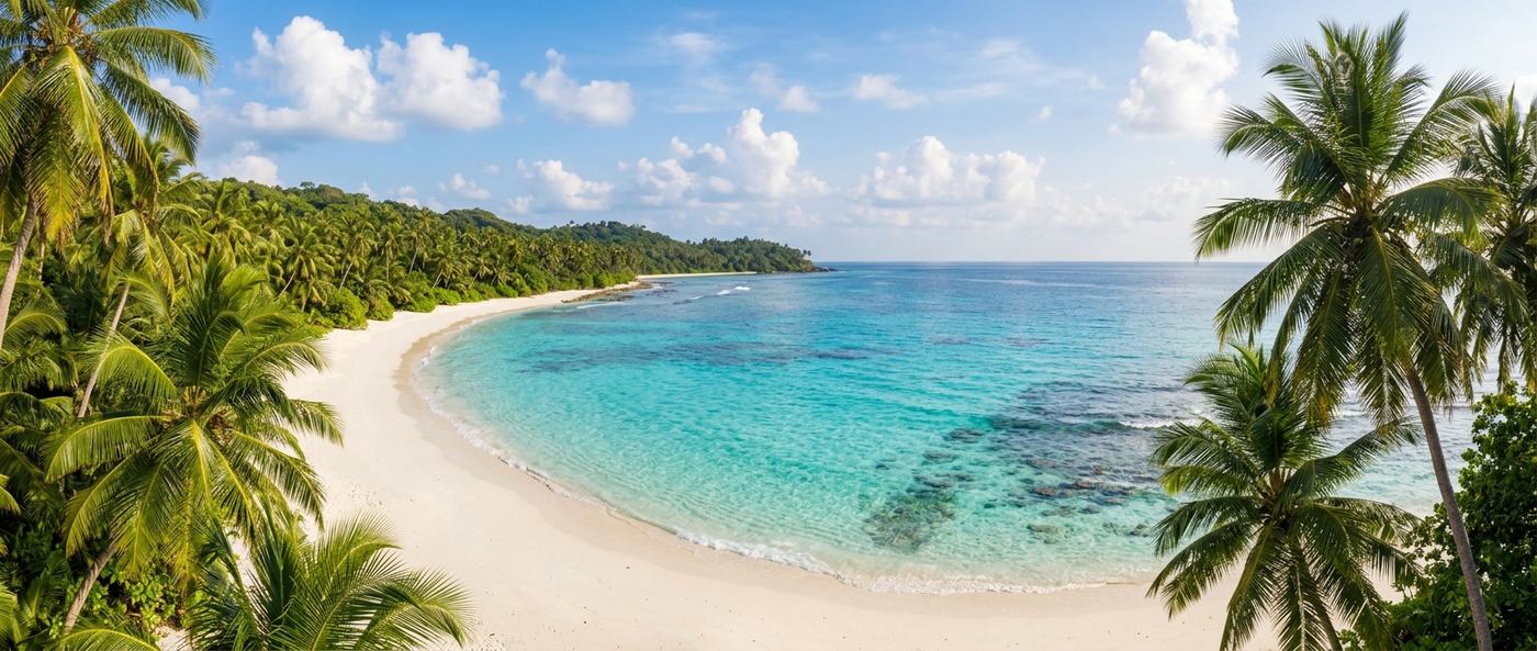 Panoramic view of a tropical coastline with clear turquoise water